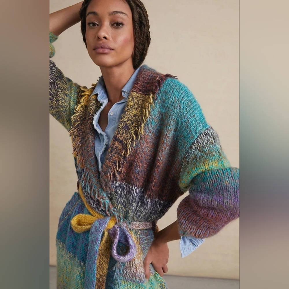 Anthropologie Greylin Oversized Rainbow Knit Fringe Open Front Wrap Sweater S - Picture 3 of 16